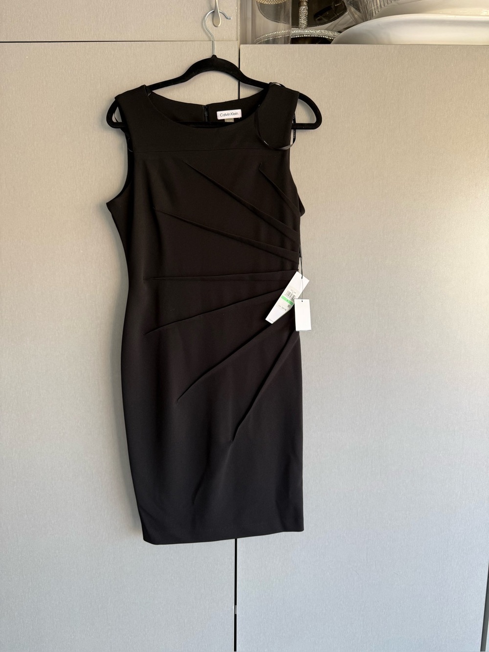 Calvin Klein Black Sleeveless Sheath Dress with Asymmetric Pleats